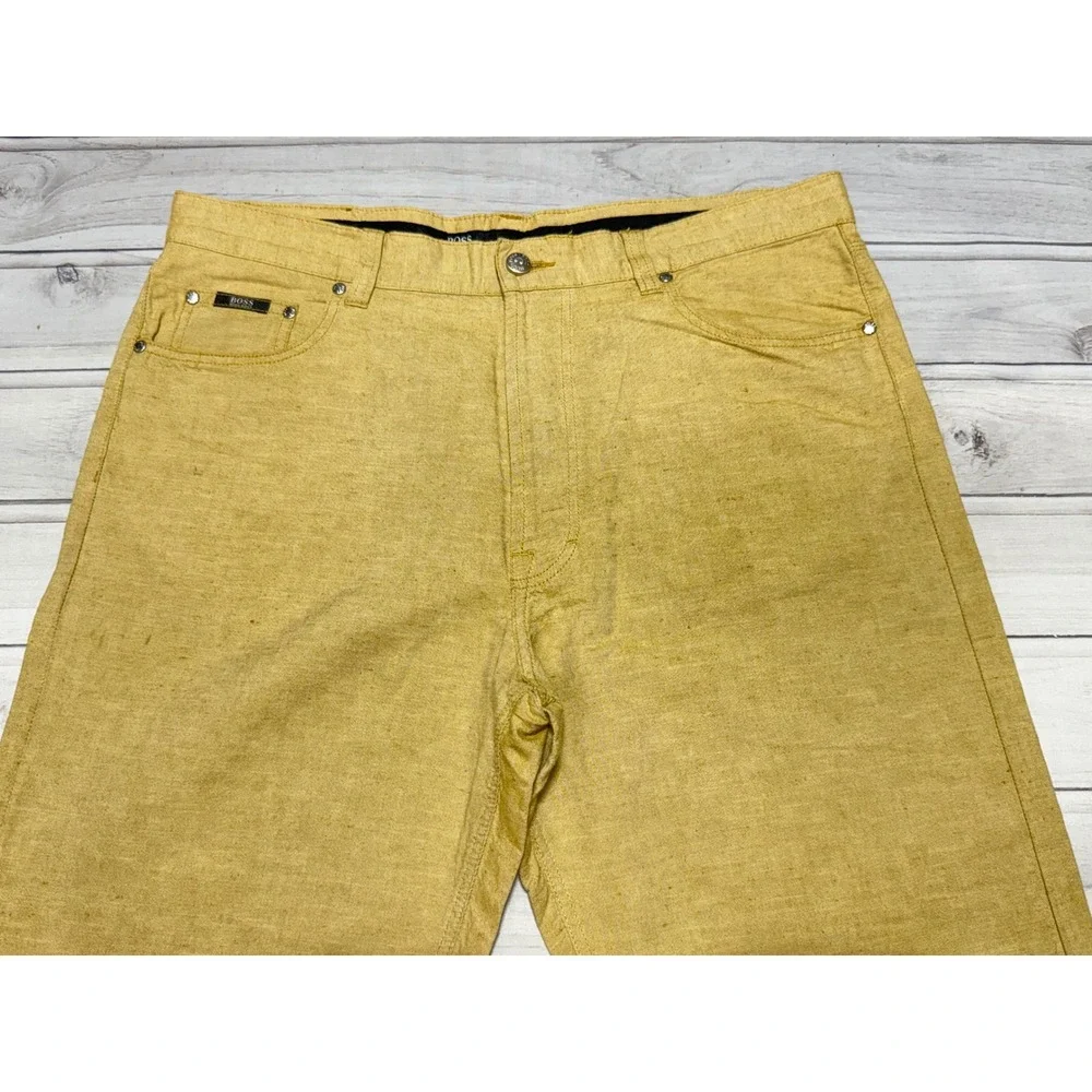 Hugo Boss Alabama Pants Mens 38x36 Tan Linen Cotton Blend Straight Leg Casual